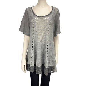 Wool Open Work Crochet Round neck Grey‎ short sleeves Sweater Dress Tunic sz ML